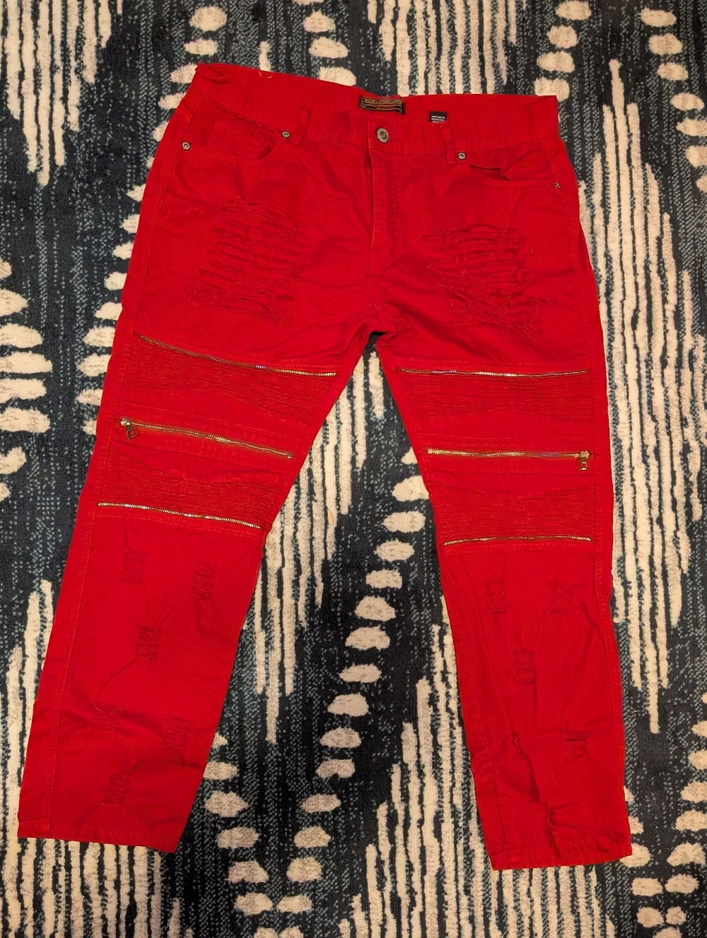 Men's Red Distressed Biker Jeans with Zip Accents